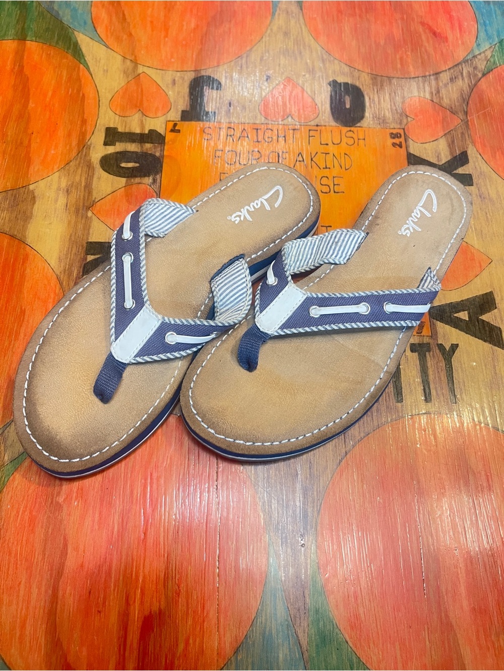 Clarks Navy Stripe Canvas Thong Sandals Flip Flops Womens Size  6 M 26100084